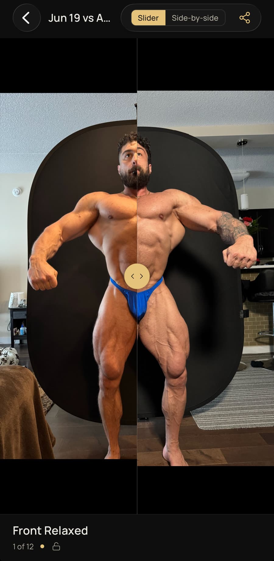Two progress photos of the same pose overlaid, with a slider handle wiping between them.