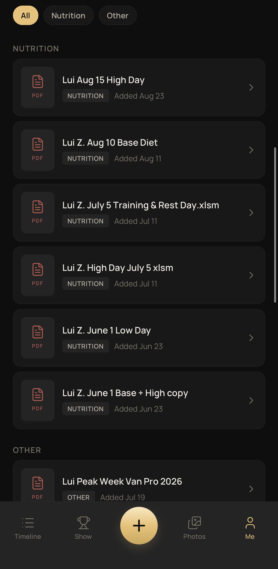 A list of plan documents filed by date, filtered by nutrition or other.