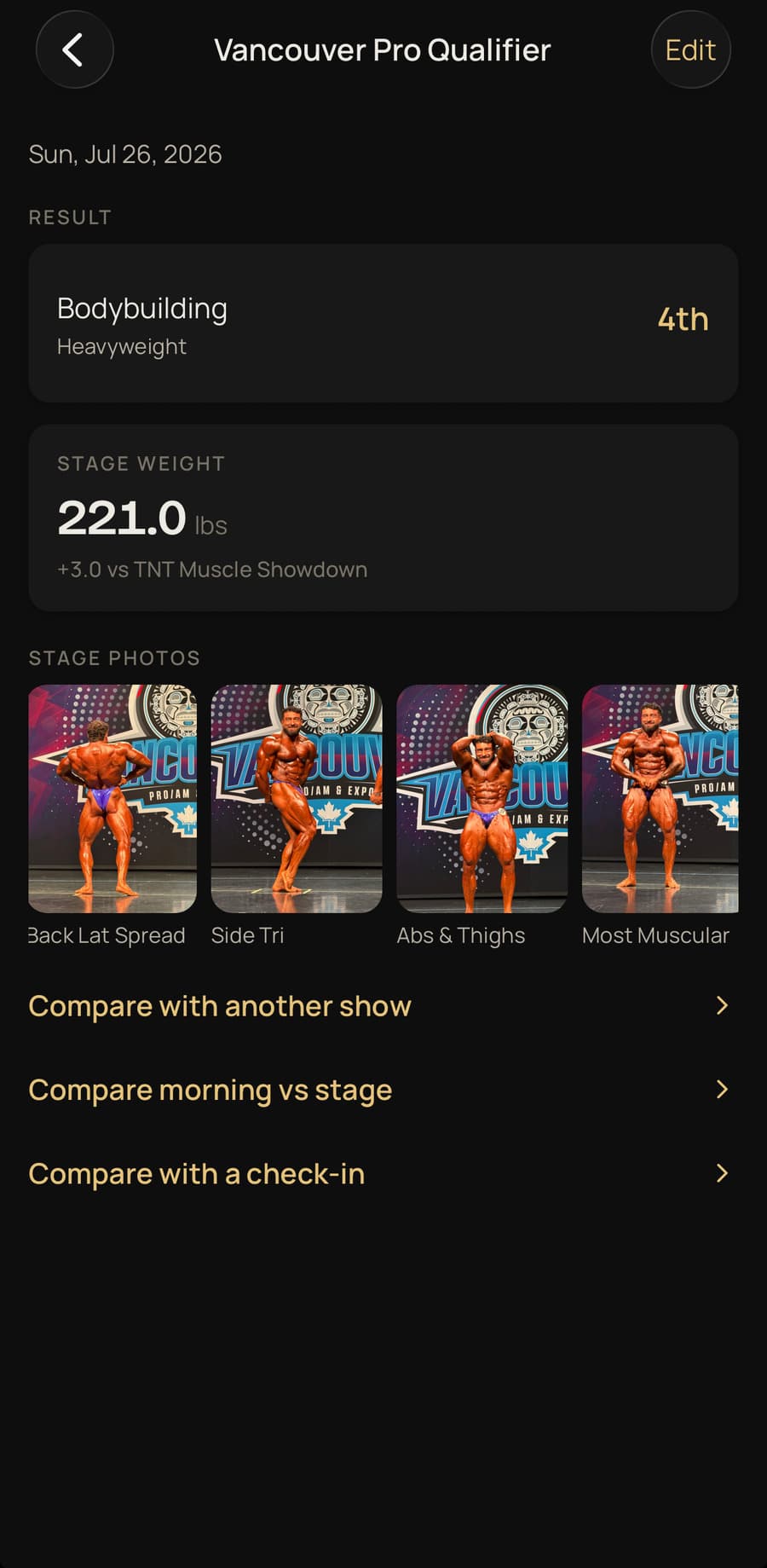 A show record: division and placing, stage weight compared to the previous show, and stage photos.